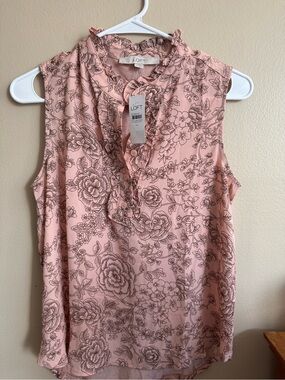 LOFT Pink Floral Toile Blouse Sleeveless Ruffle Neck Top Women’s XS NWT